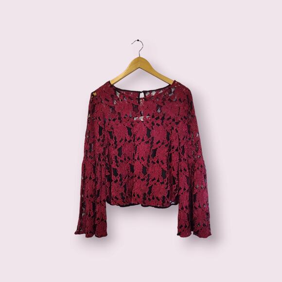 Cupcakes and Cashmere Dark Red/Black Lace Chiffon Top Bell Sleeve Layered SMALL - Picture 1 of 8